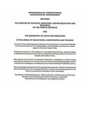 Memorandum of Understanding signed by the Department for Education and Skills and the French Education Ministry
