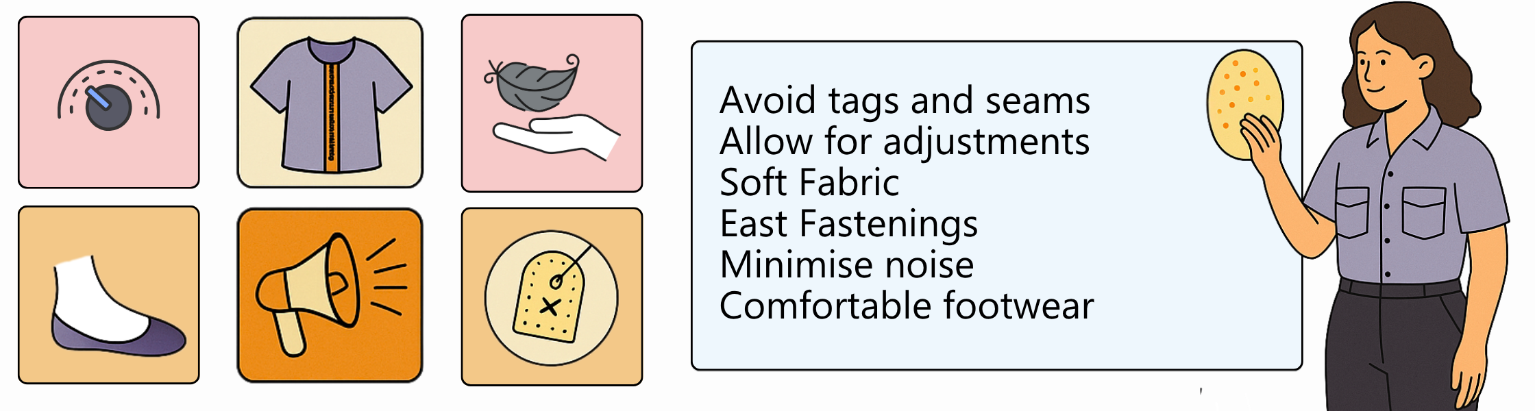 Illustration of a person in a workplace uniform surrounded by icons showing sensory-friendly features: soft fabric, avoiding tags and seams, comfortable footwear, minimising noise, easy fastenings, and adjustable fit.
