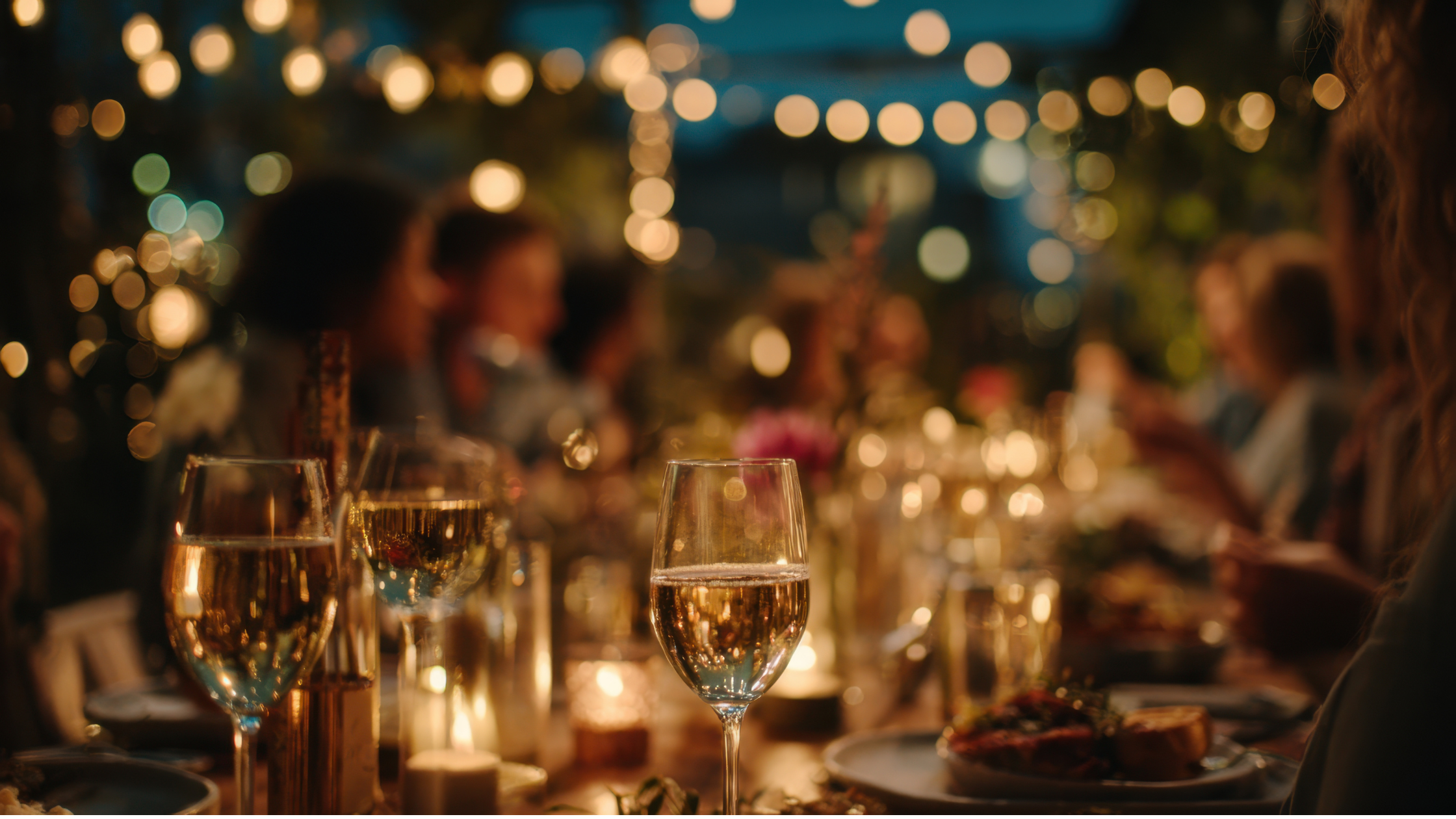 Glasses on a festive table spread with people chatting in the distant background. 